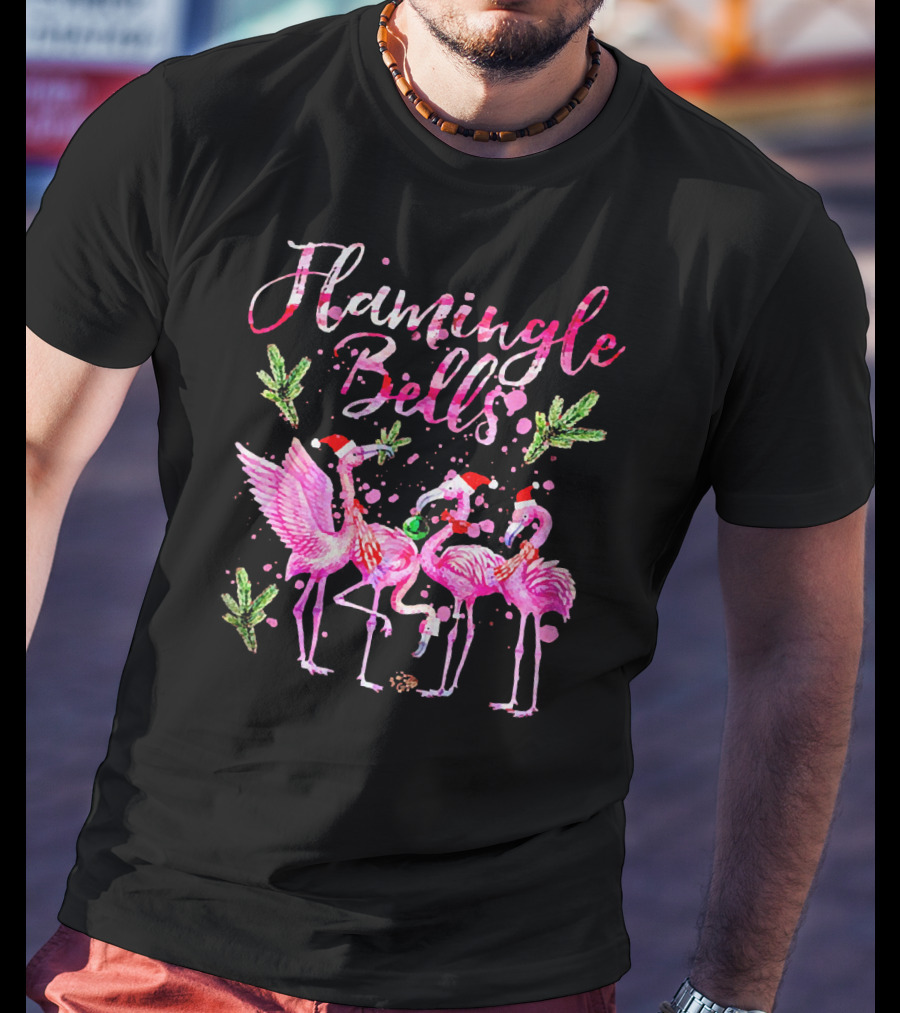 Flamingle Bells Flamingos With Christmas Santa Hats And Holiday Greenery T-Shirt