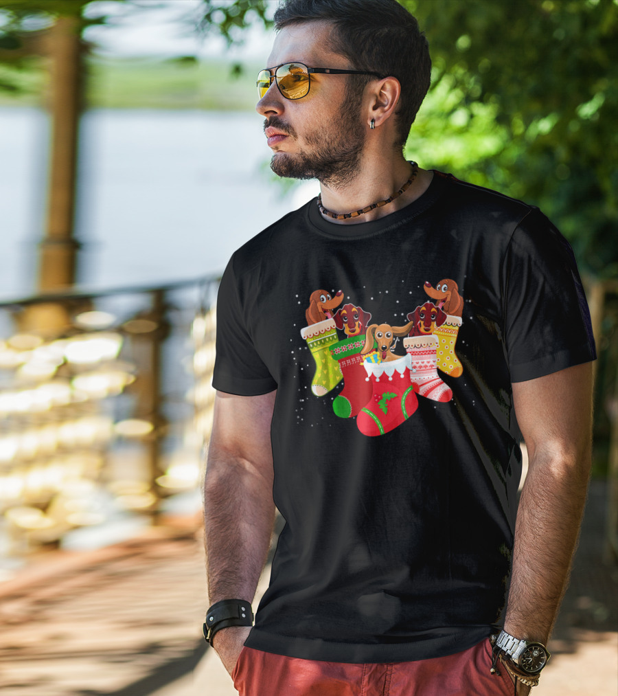 Playful Dachshunds In Colorful Christmas Socks Festive Humor T-Shirt