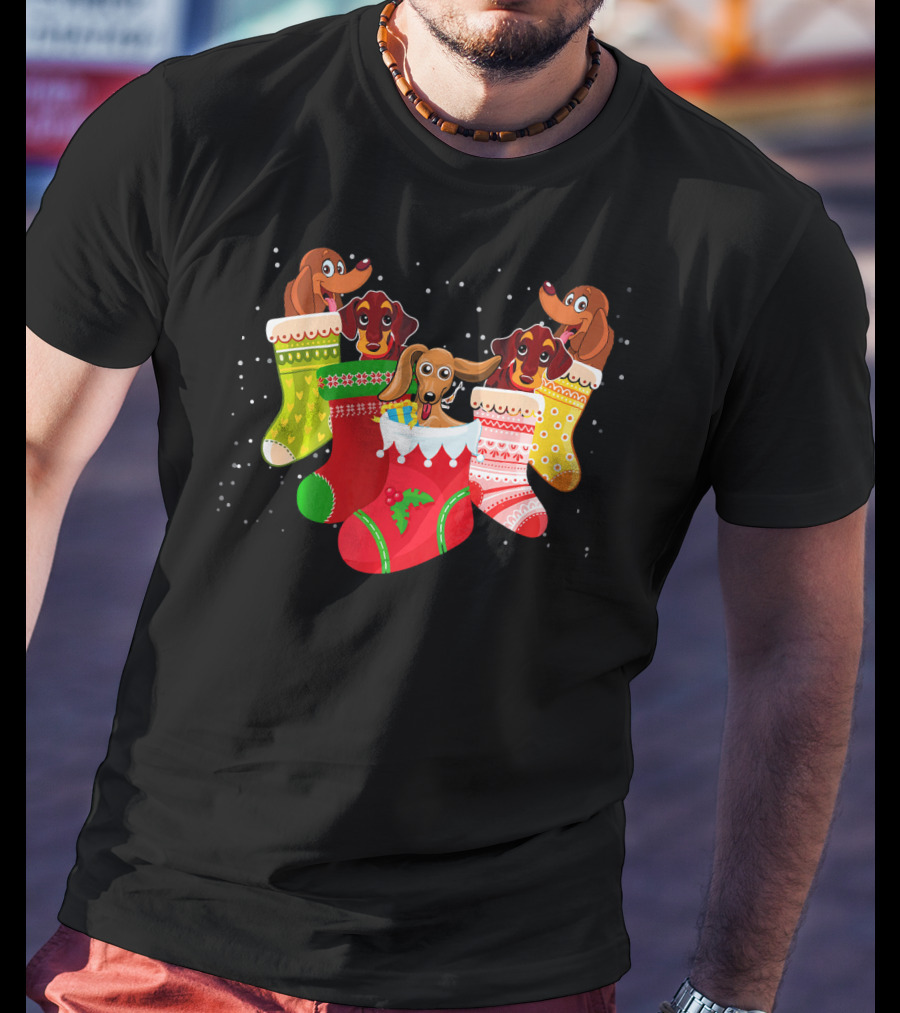 Playful Dachshunds In Colorful Christmas Socks Festive Humor T-Shirt