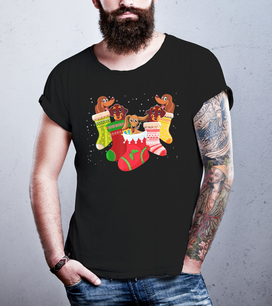 Playful Dachshunds In Colorful Christmas Socks Festive Humor T-Shirt