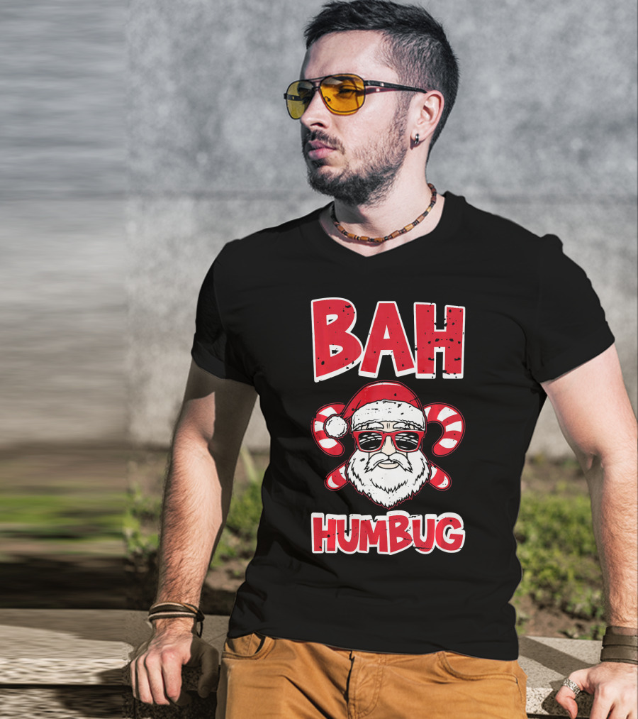 Bah Humbug Santa Candy Cane Glasses T-Shirt