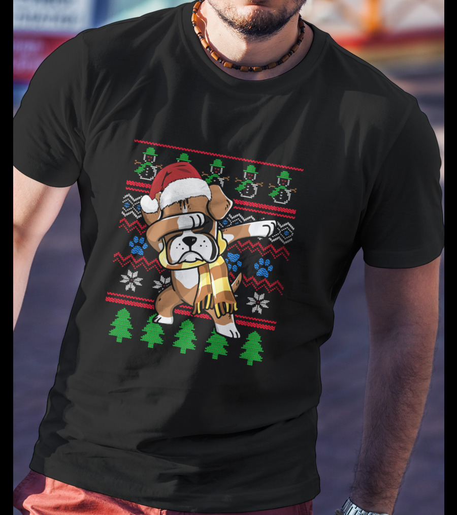 Xmas Boxer Dabbing Santa Hat UglyStyle Sweater Pattern Snowflakes Trees T-Shirt