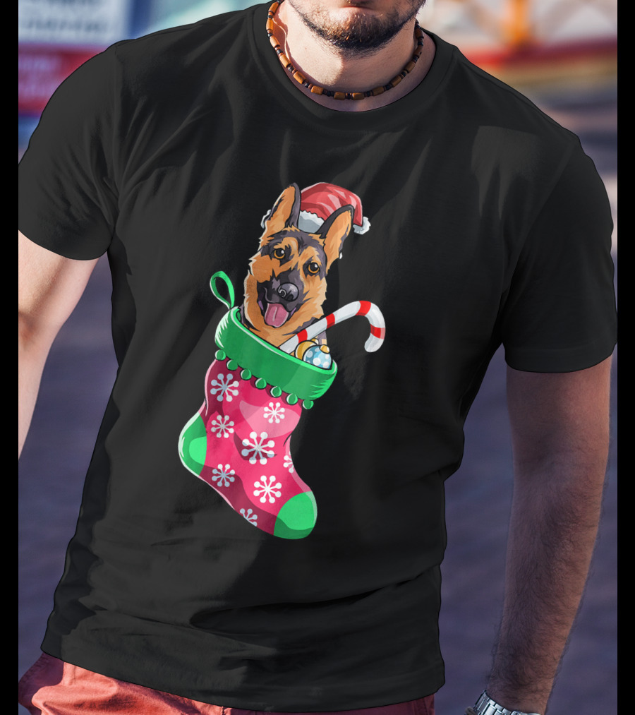 German Shepherd In Christmas Santa Hat Stocking With Candy Cane T-Shirt