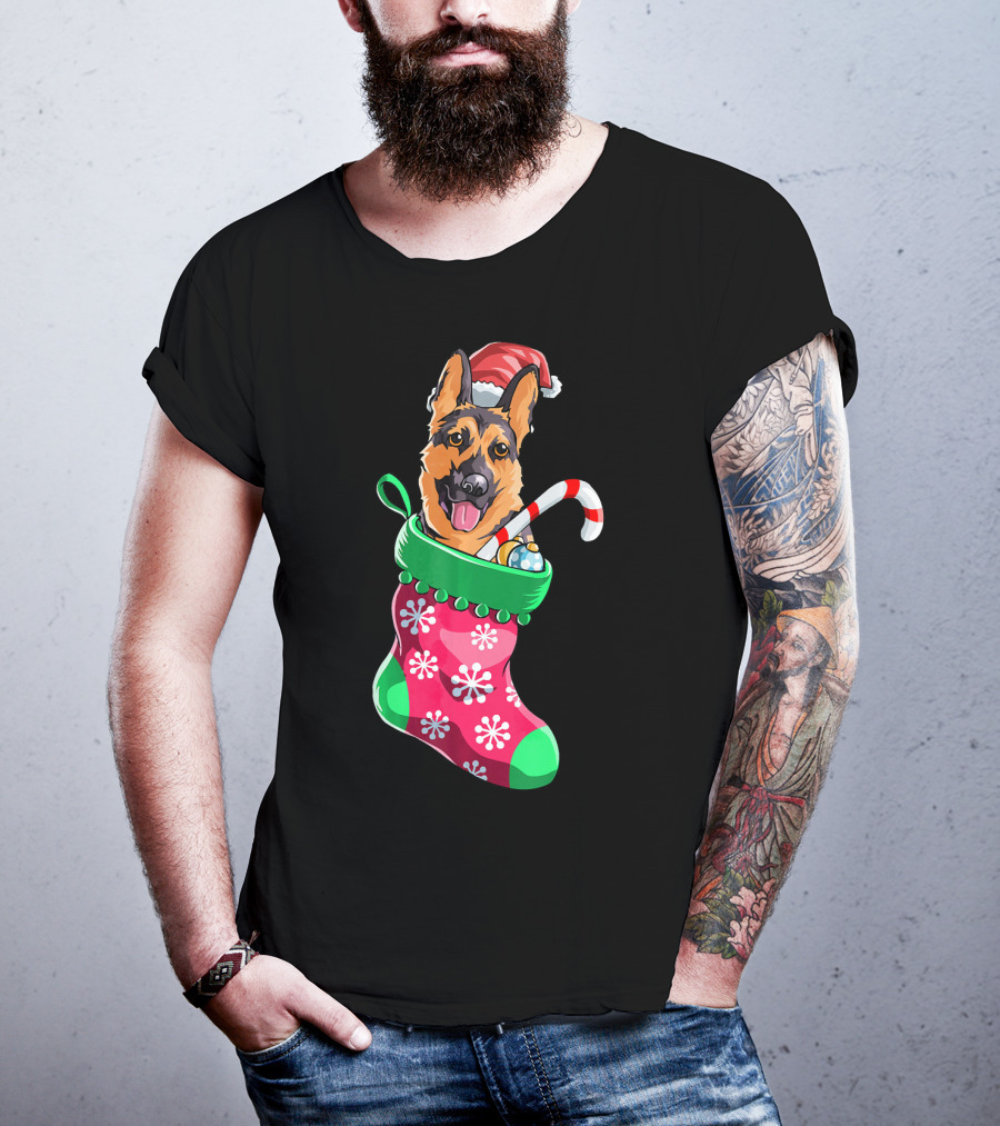 German Shepherd In Christmas Santa Hat Stocking With Candy Cane T-Shirt