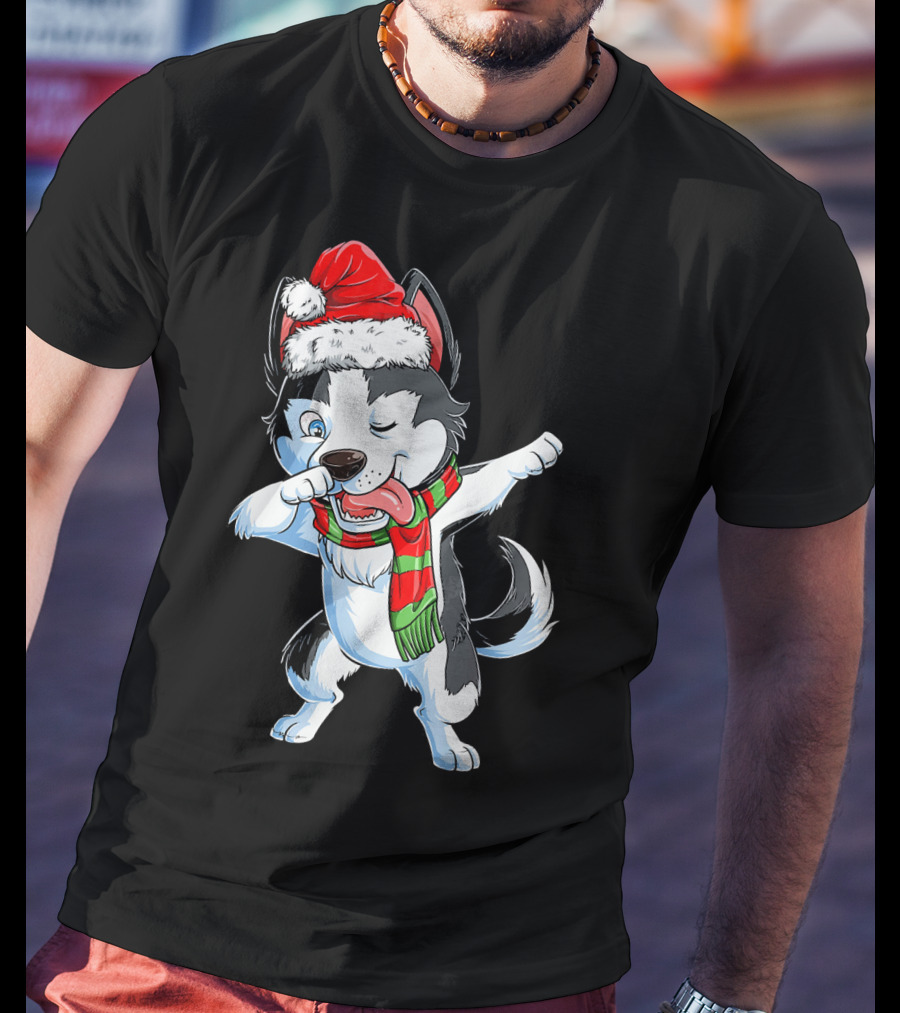 Dabbing Siberian Husky Santa Christmas Dog With Scarf T-Shirt