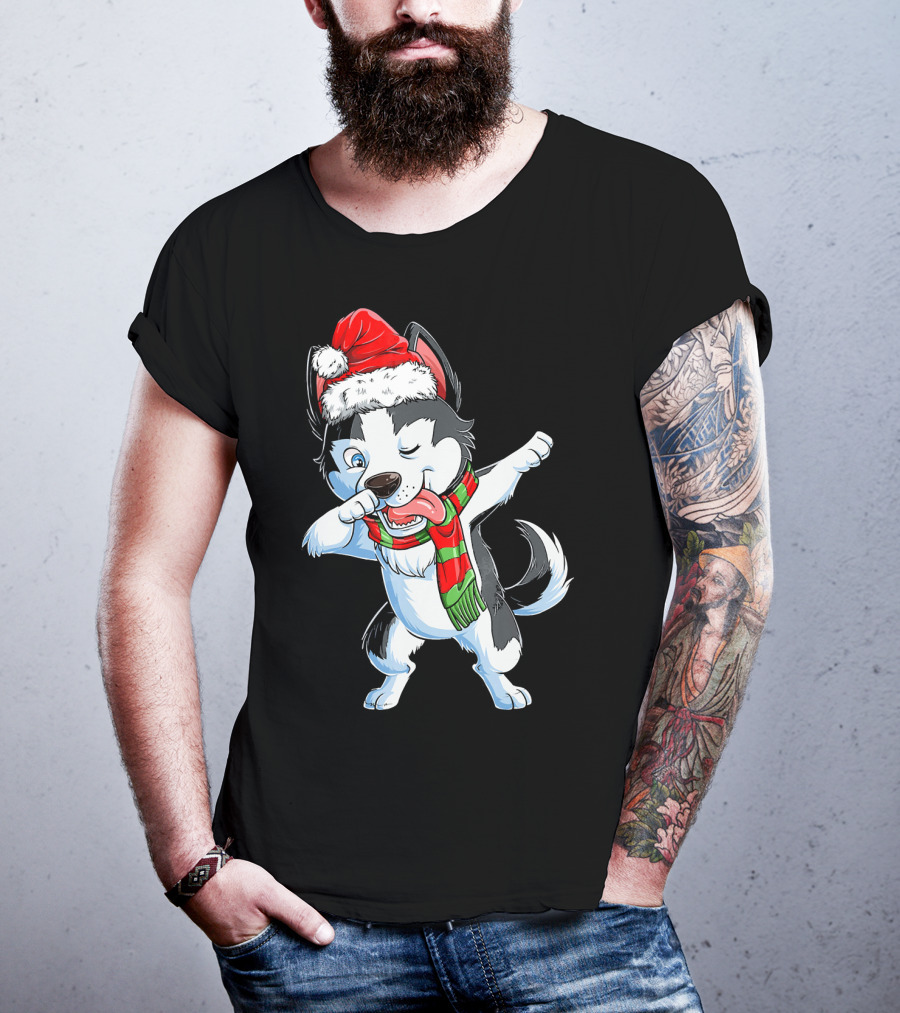 Dabbing Siberian Husky Santa Christmas Dog With Scarf T-Shirt