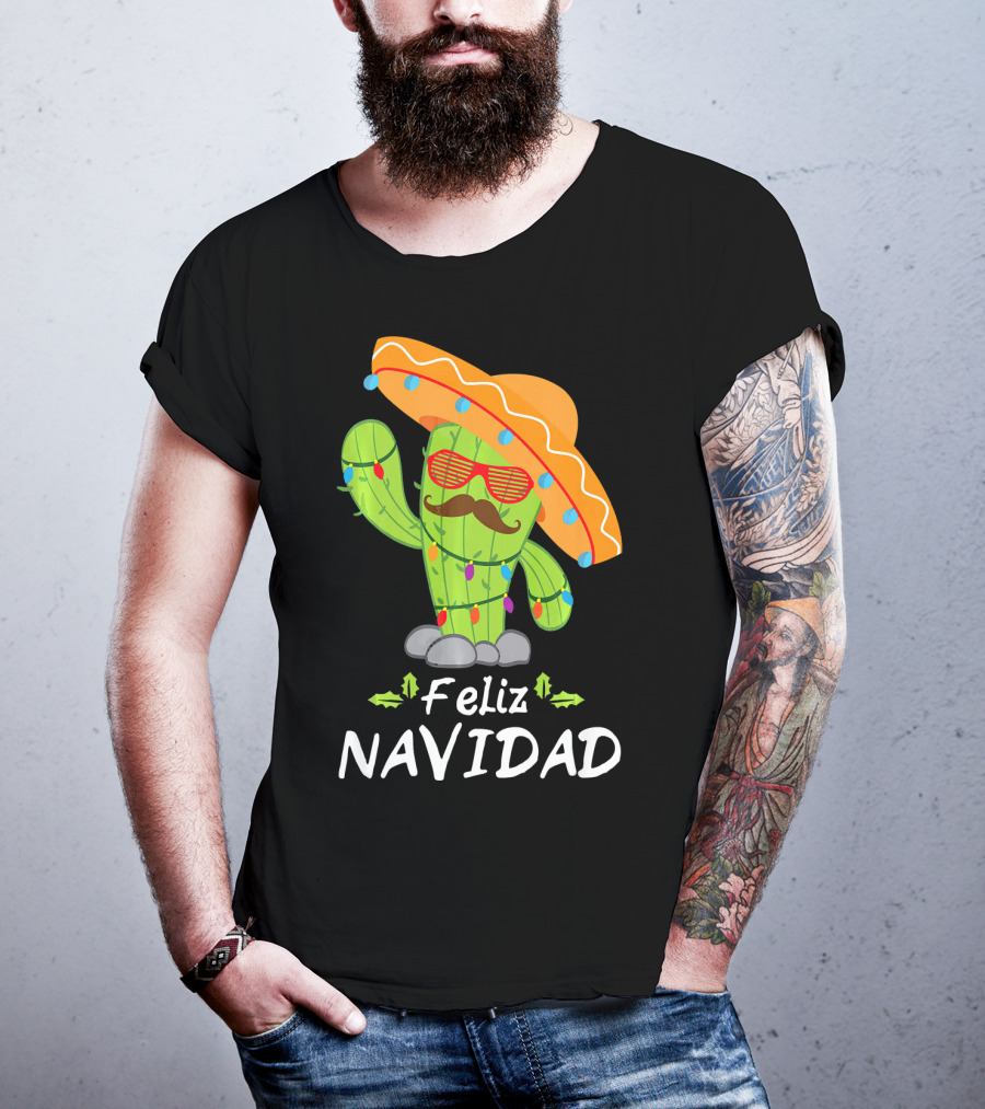 Feliz Navidad Cactus Mexican Tree Christmas Sombrero Lights T-Shirt
