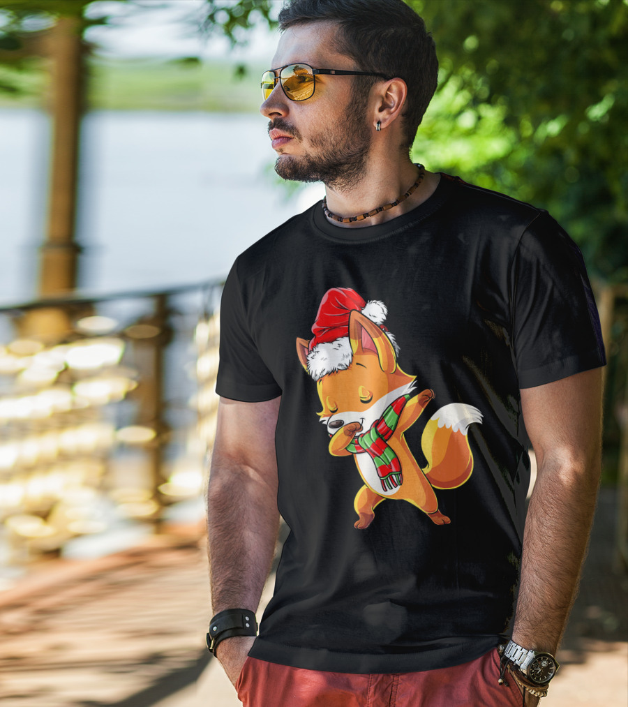Christmas Dab Fox With Santa Hat And Scarf T-Shirt
