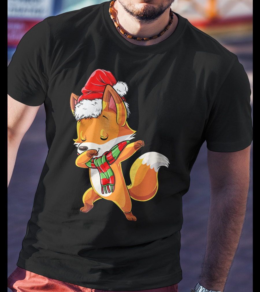 Christmas Dab Fox With Santa Hat And Scarf T-Shirt