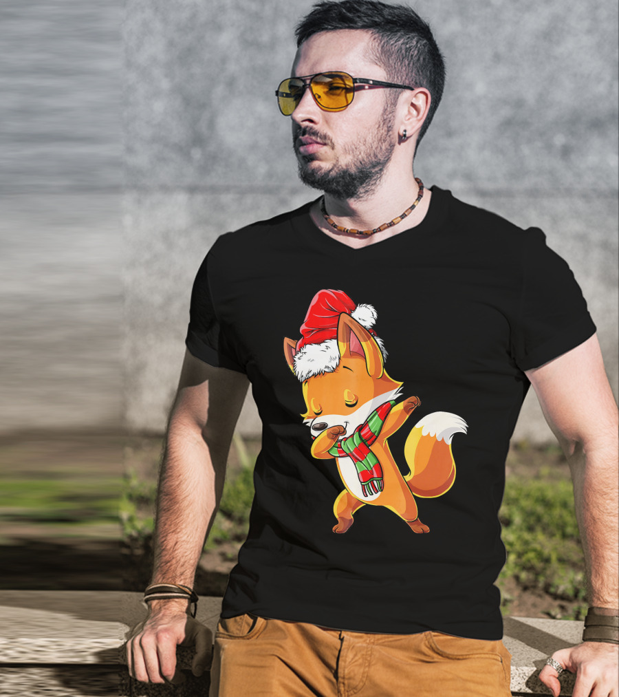 Christmas Dab Fox With Santa Hat And Scarf T-Shirt