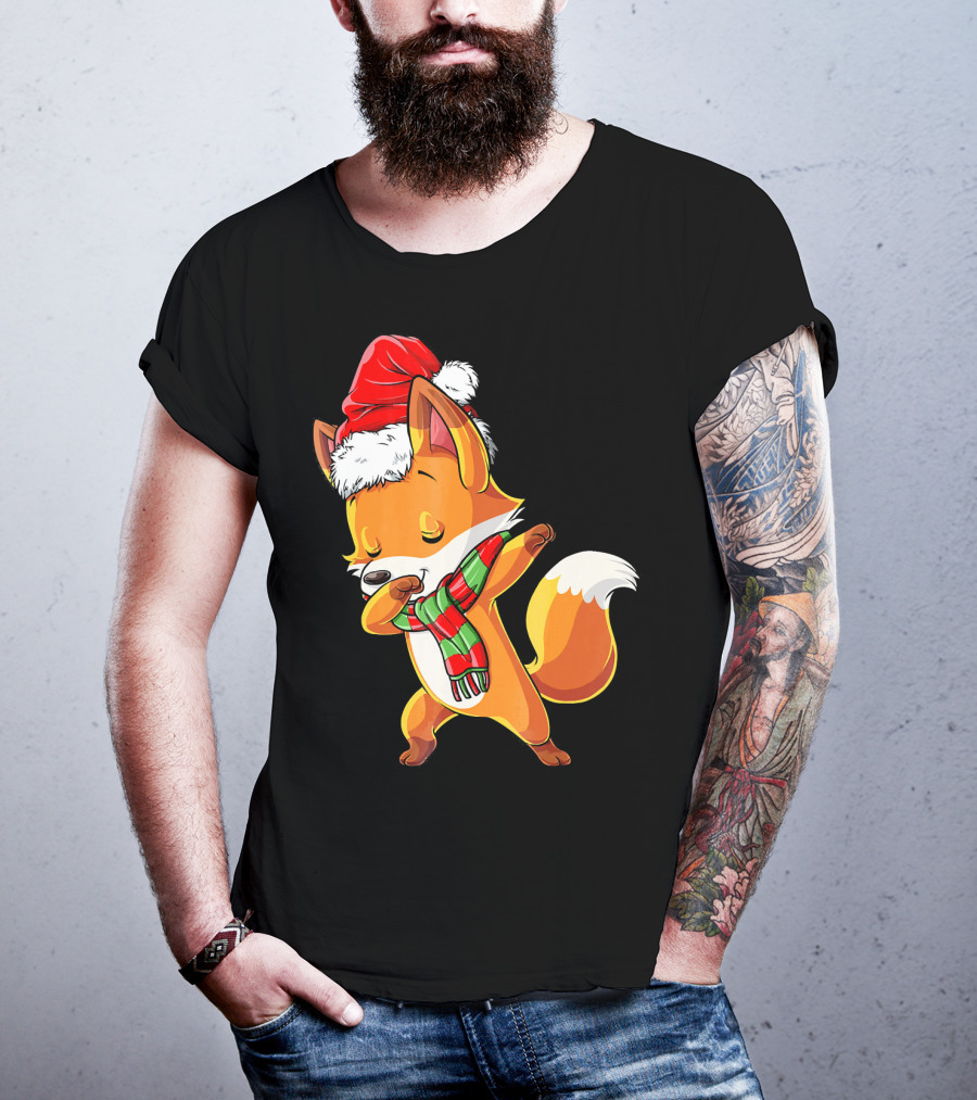 Christmas Dab Fox With Santa Hat And Scarf T-Shirt