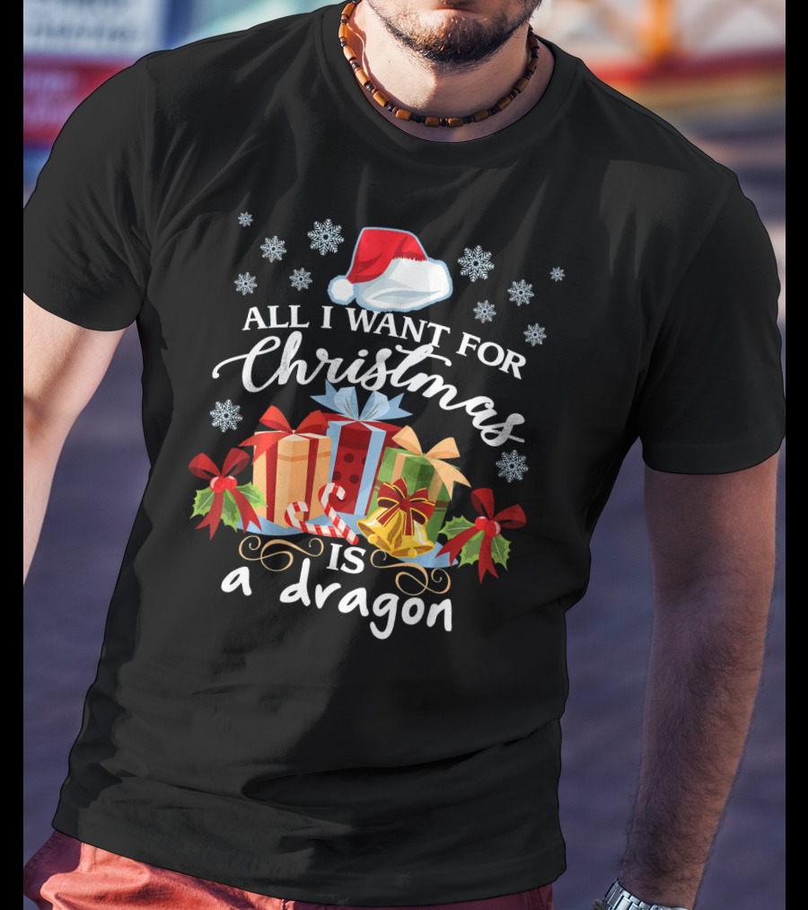 All I Want For Christmas Is A Dragon Santa Hat Presents Snowflakes T-Shirt