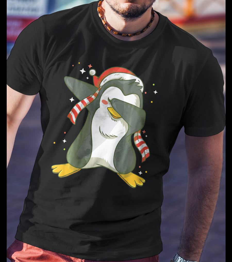 Christmas Xmas Santa Claus Penguin Dabbing Scarf Santa Hat T-Shirt