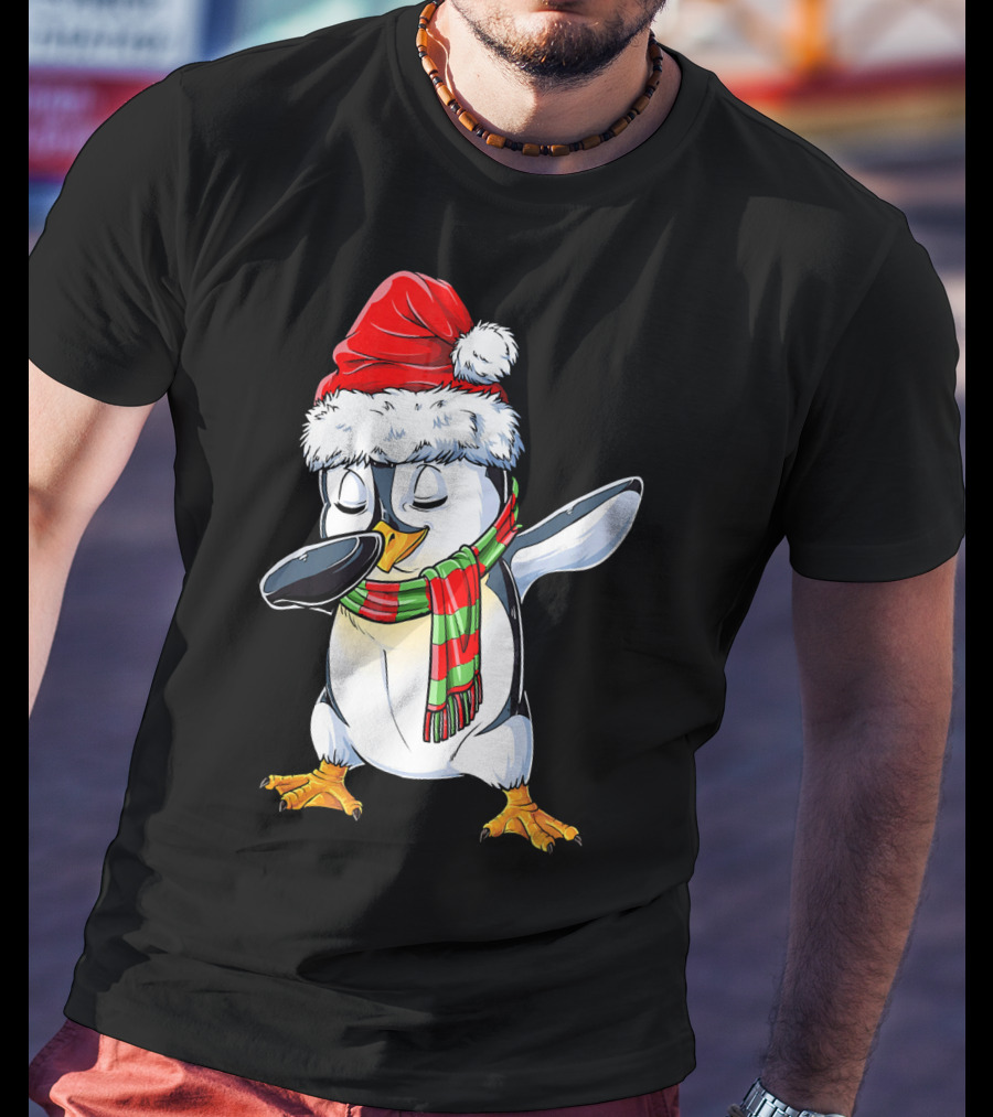 Dabbing Penguin Santa Claus With Festive Scarf T-Shirt