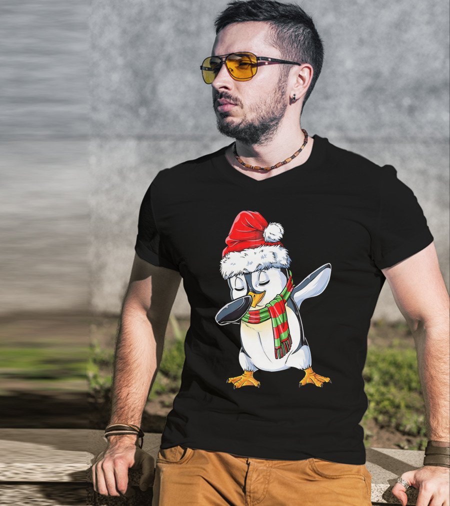 Dabbing Penguin Santa Claus With Festive Scarf T-Shirt