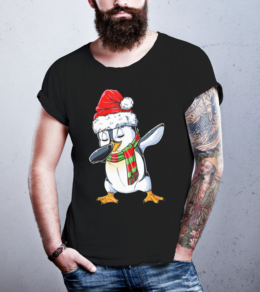 Dabbing Penguin Santa Claus With Festive Scarf T-Shirt