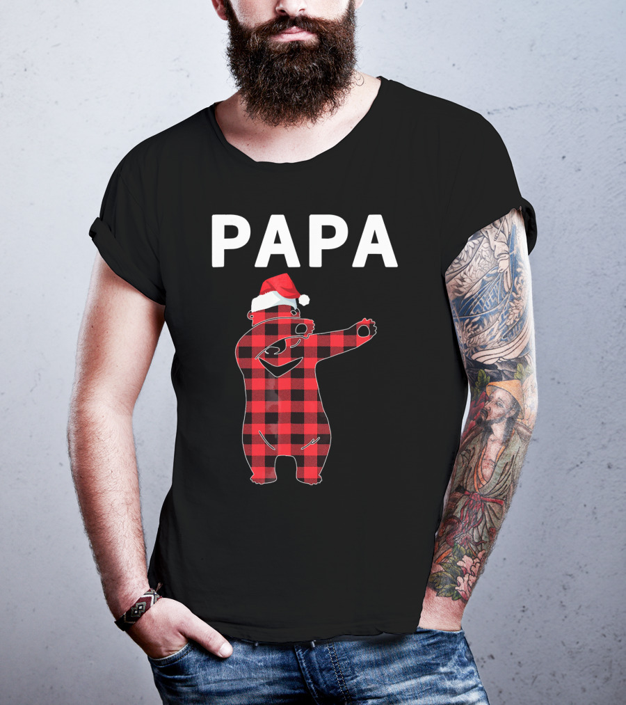PAPA Bear Plaid Santa Hat Christmas Dabbing T-Shirt