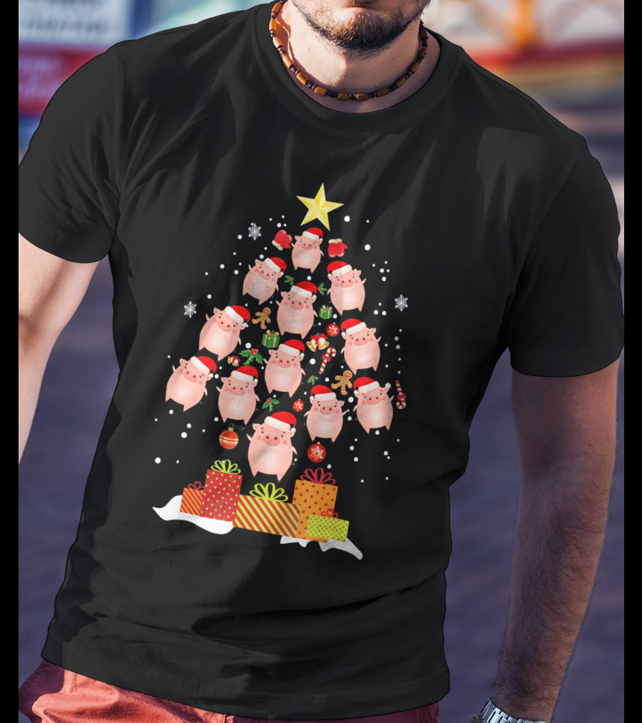 Christmas Tree Of Santa Hat Pigs With Gifts And Snowflakes T-Shirt