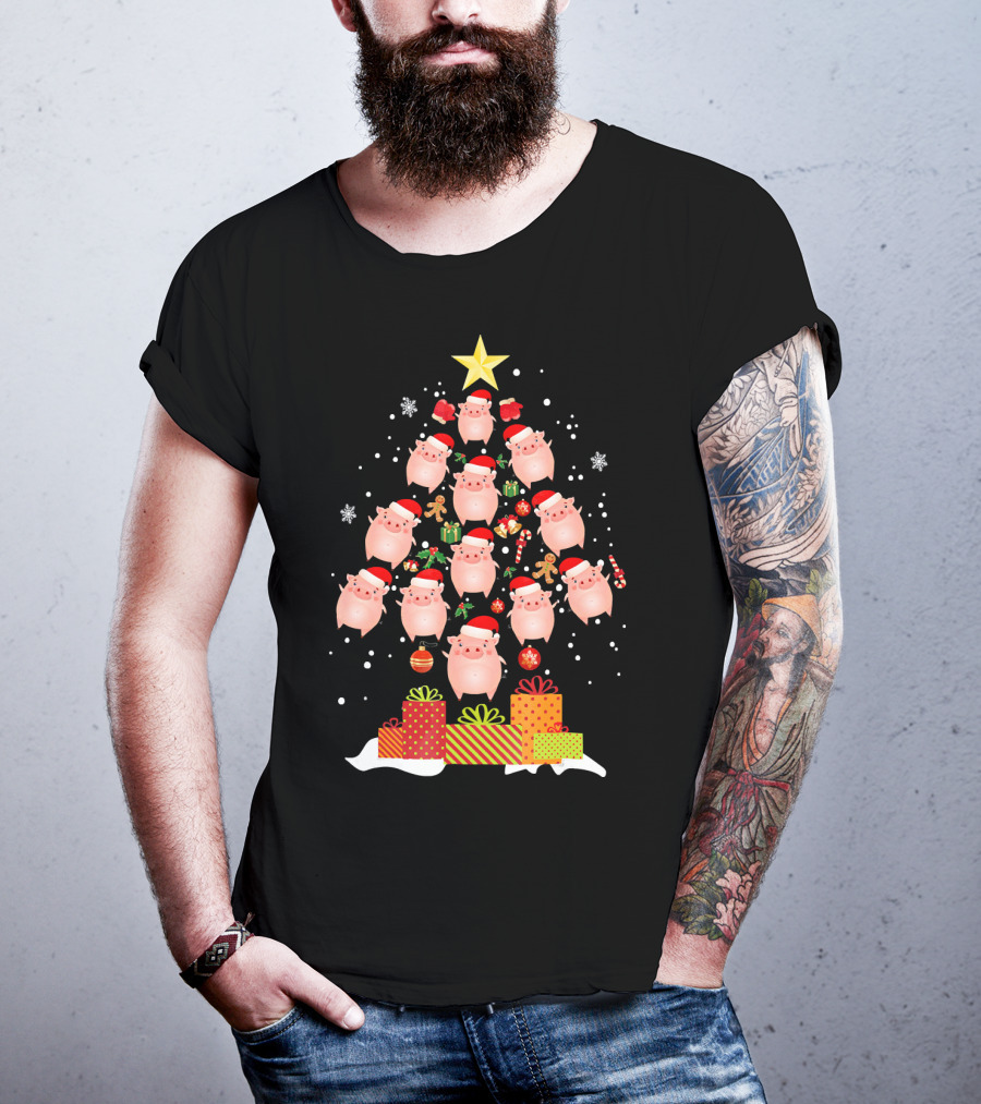Christmas Tree Of Santa Hat Pigs With Gifts And Snowflakes T-Shirt