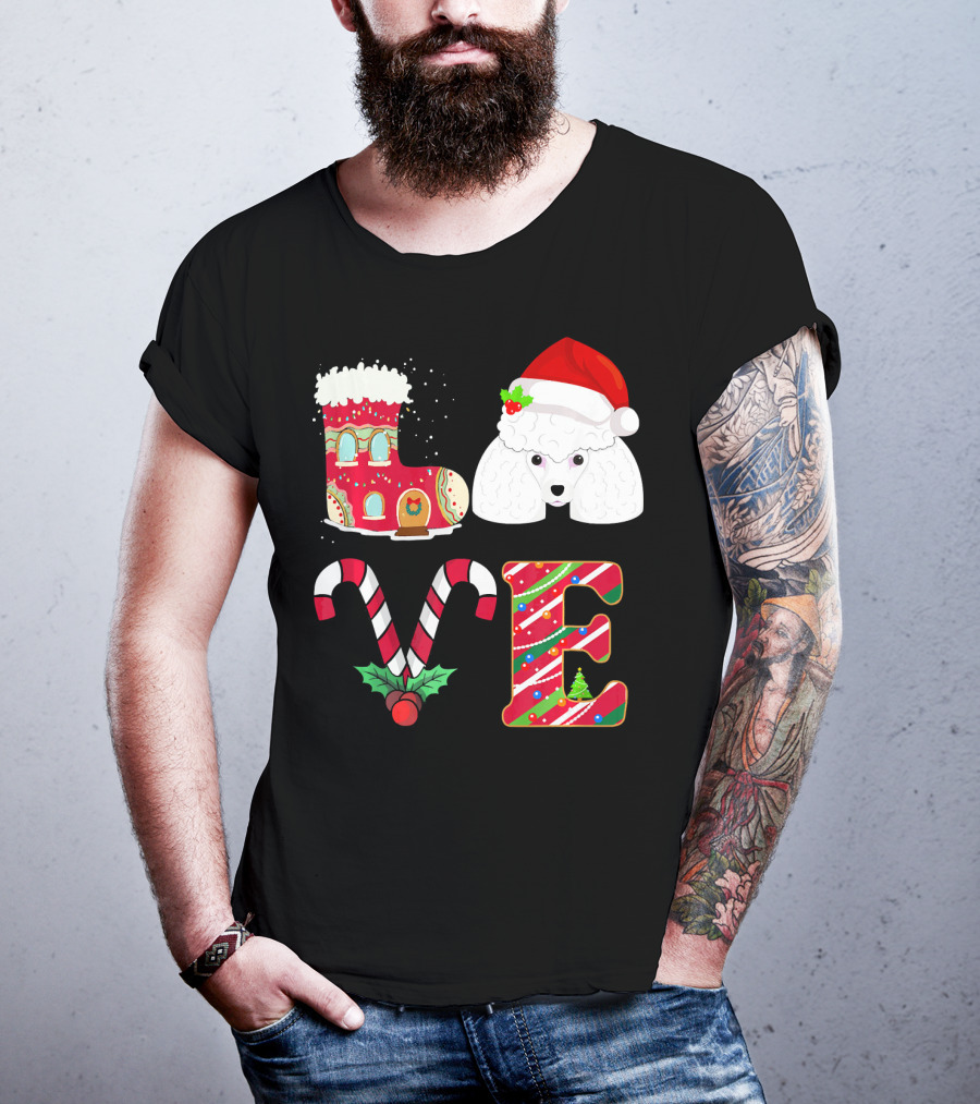 I Love My Poodle Funny Christmas Poodle Candy Cane Santa Hat Holiday Boot T-Shirt