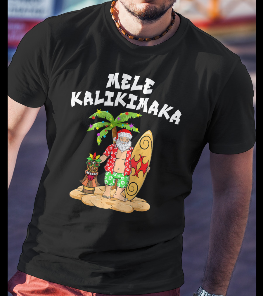 Mele Kalikimaka Santa With Surfboard And Tropical Tiki Palm Tree T-Shirt