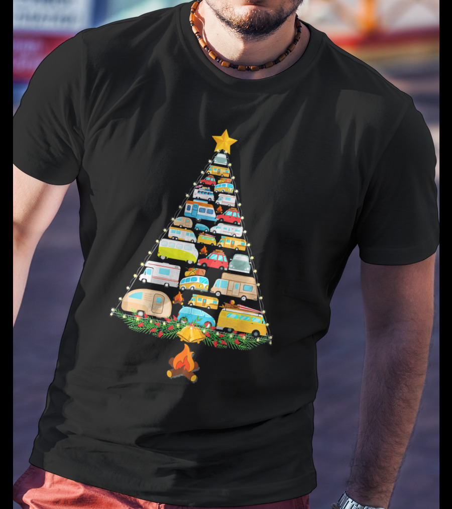 Christmas Tree Made Of Colorful Camping Vehicles With Star And Campfire T-Shirt
