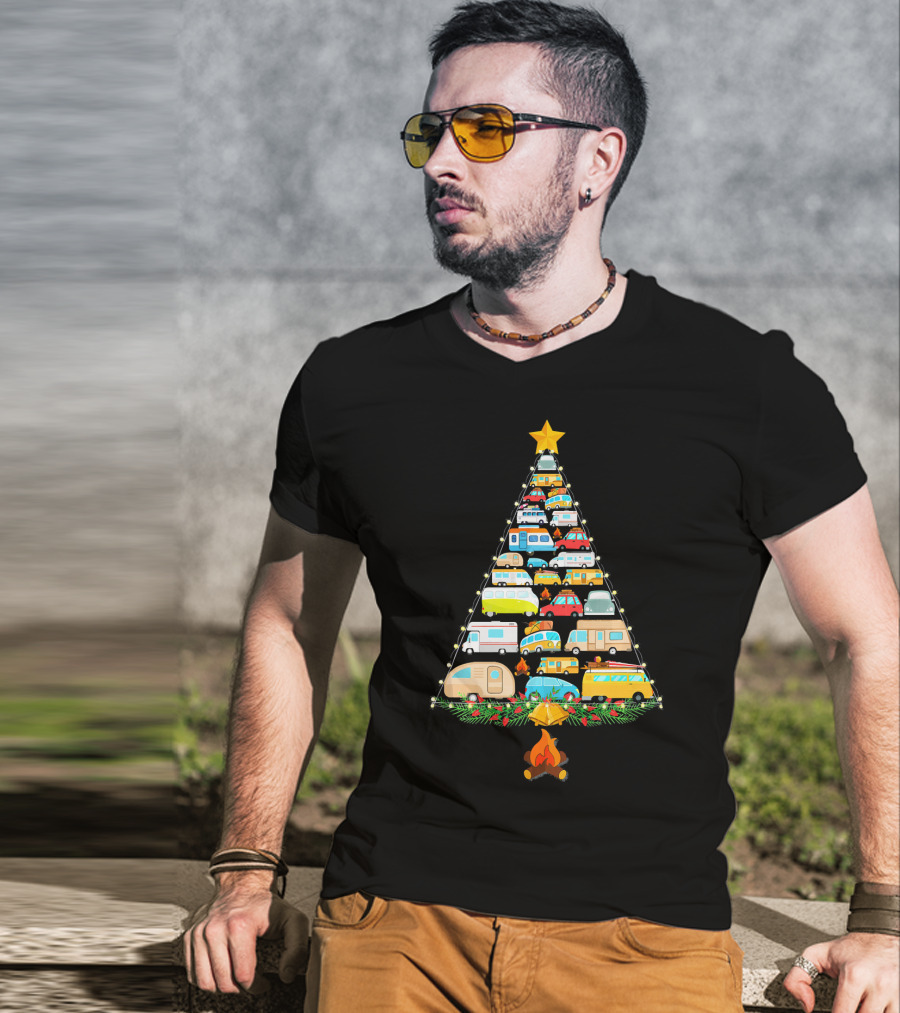 Christmas Tree Made Of Colorful Camping Vehicles With Star And Campfire T-Shirt