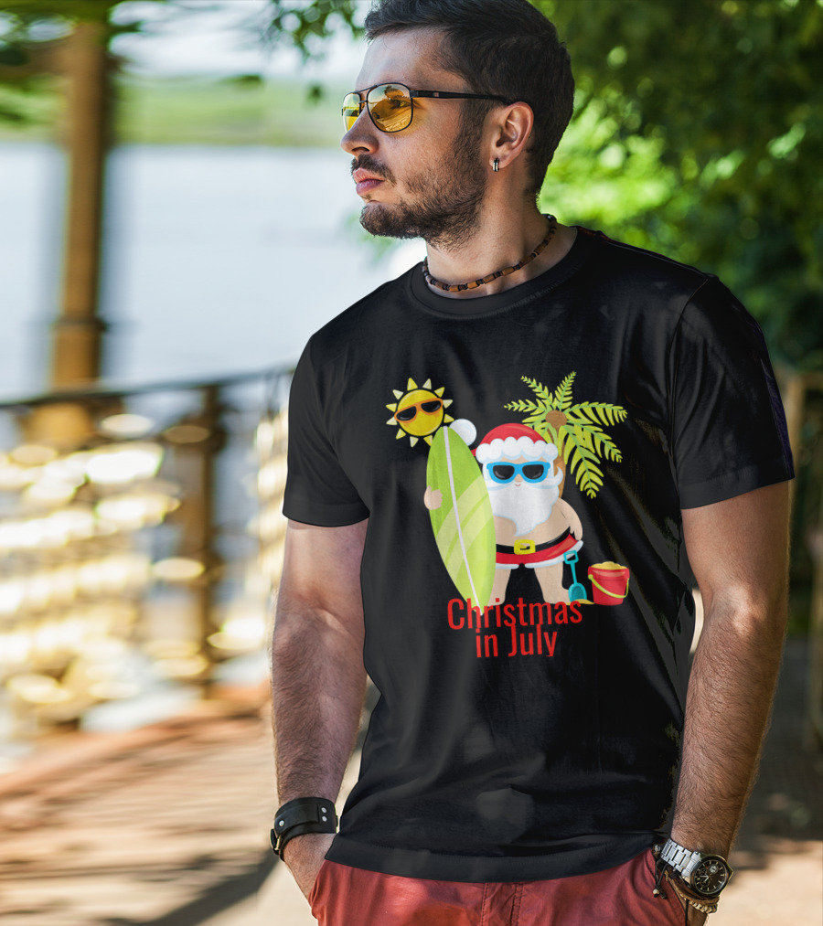 Christmas In July Beach Santa Surfer Sunny Holiday Fun T-Shirt