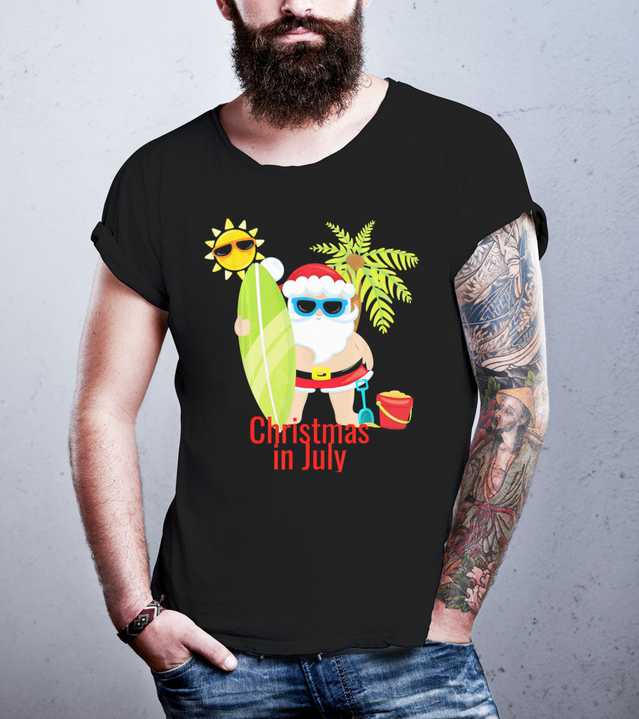 Christmas In July Beach Santa Surfer Sunny Holiday Fun T-Shirt