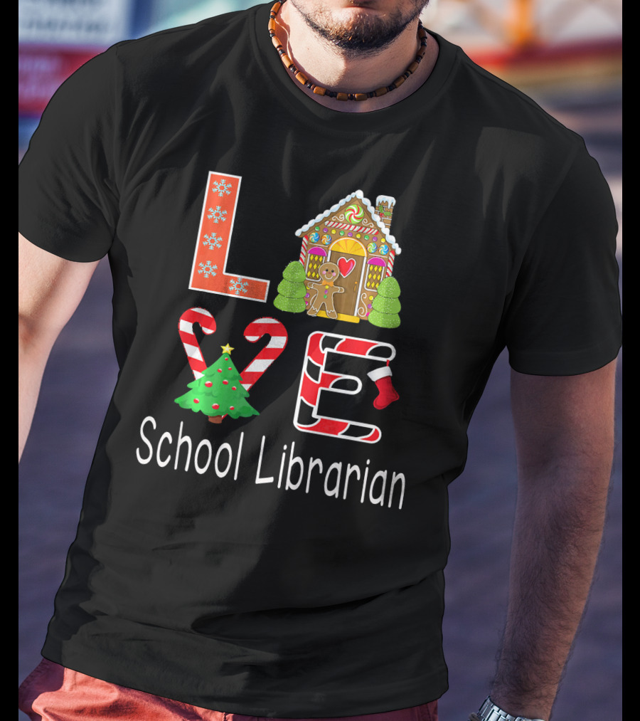 LOVE School Librarian Merry Christmas Gingerbread House Candy Cane Tree T-Shirt