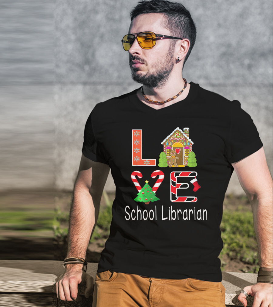LOVE School Librarian Merry Christmas Gingerbread House Candy Cane Tree T-Shirt