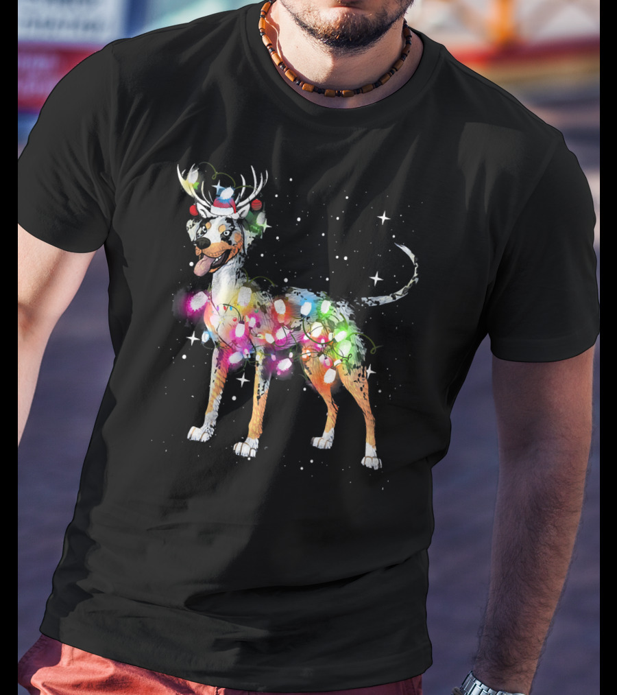 Festive Catahoula Leopard Dog With Christmas Lights And Reindeer Antlers T-Shirt