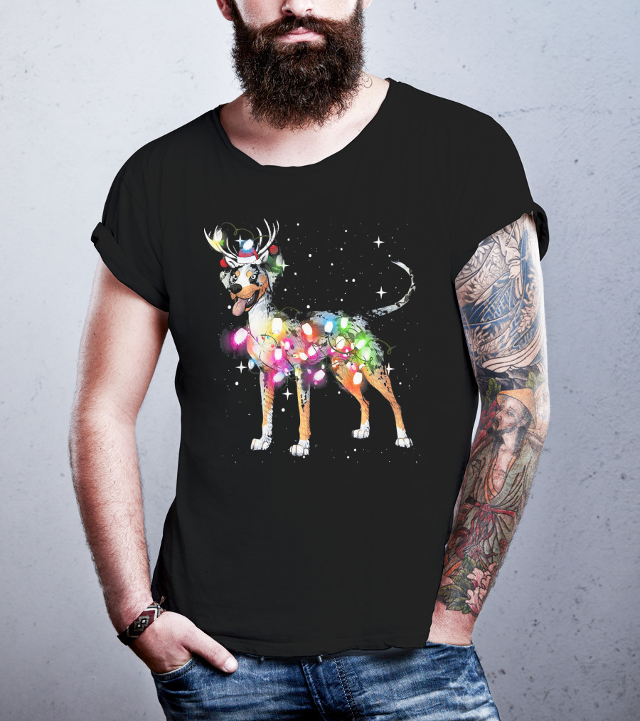 Festive Catahoula Leopard Dog With Christmas Lights And Reindeer Antlers T-Shirt