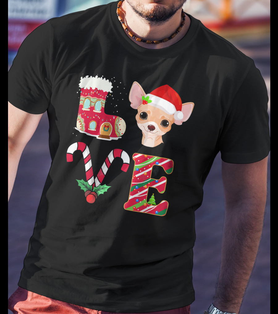 I Love My Chihuahua Christmas Theme With Santa Hat And Holiday Decorations T-Shirt