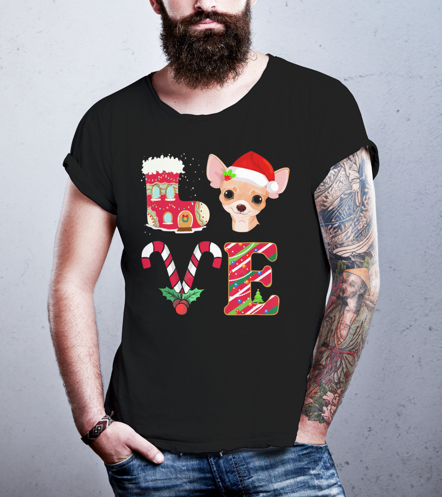 I Love My Chihuahua Christmas Theme With Santa Hat And Holiday Decorations T-Shirt