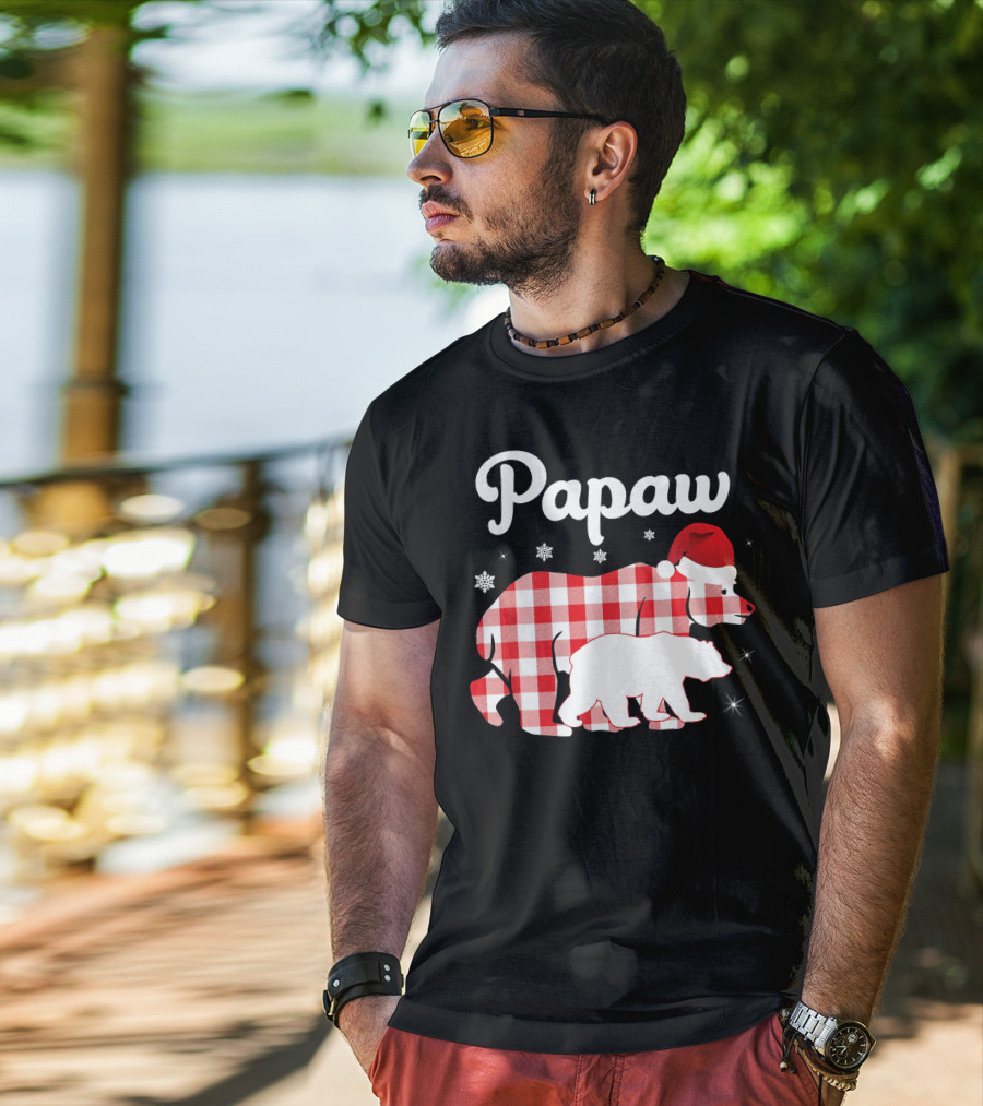 Papaw Red Plaid Bear Santa Hat Snowflakes Matching Family Pajama T-Shirt