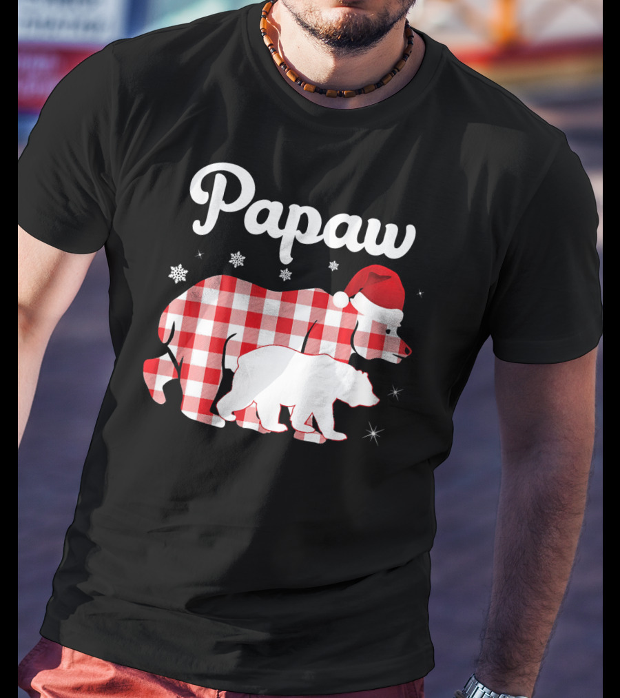 Papaw Red Plaid Bear Santa Hat Snowflakes Matching Family Pajama T-Shirt