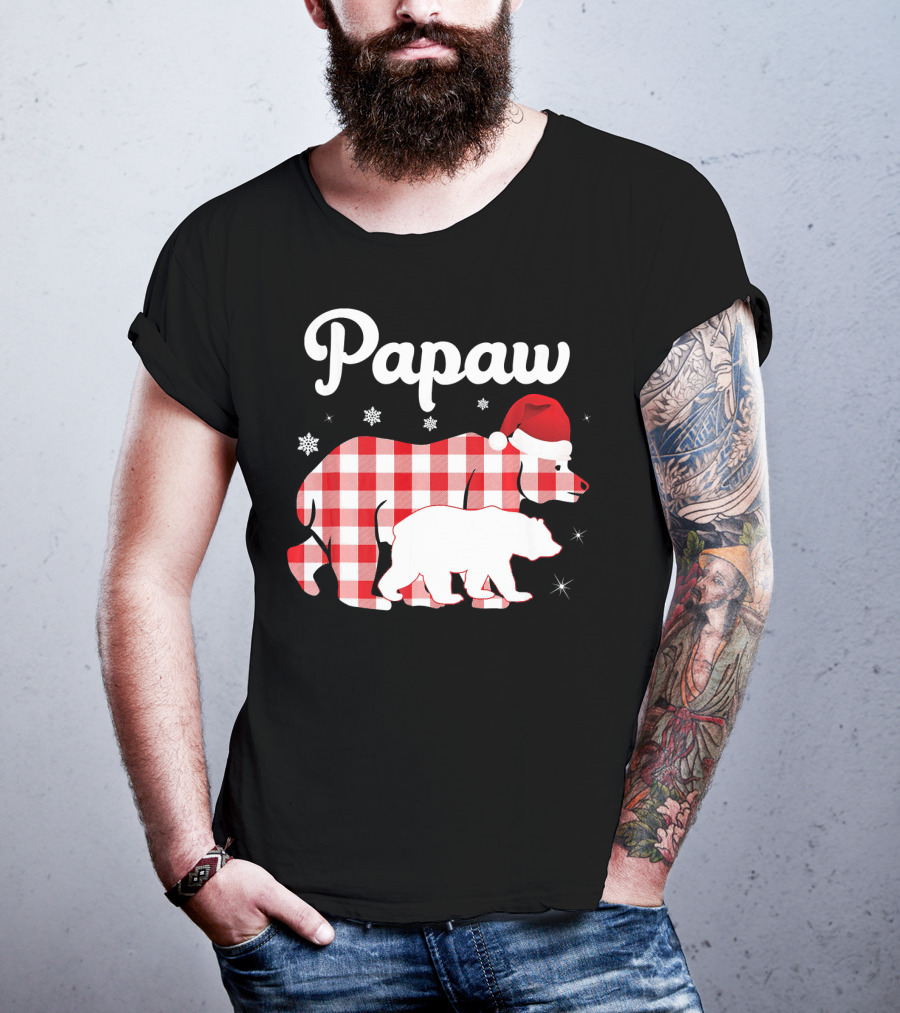 Papaw Red Plaid Bear Santa Hat Snowflakes Matching Family Pajama T-Shirt