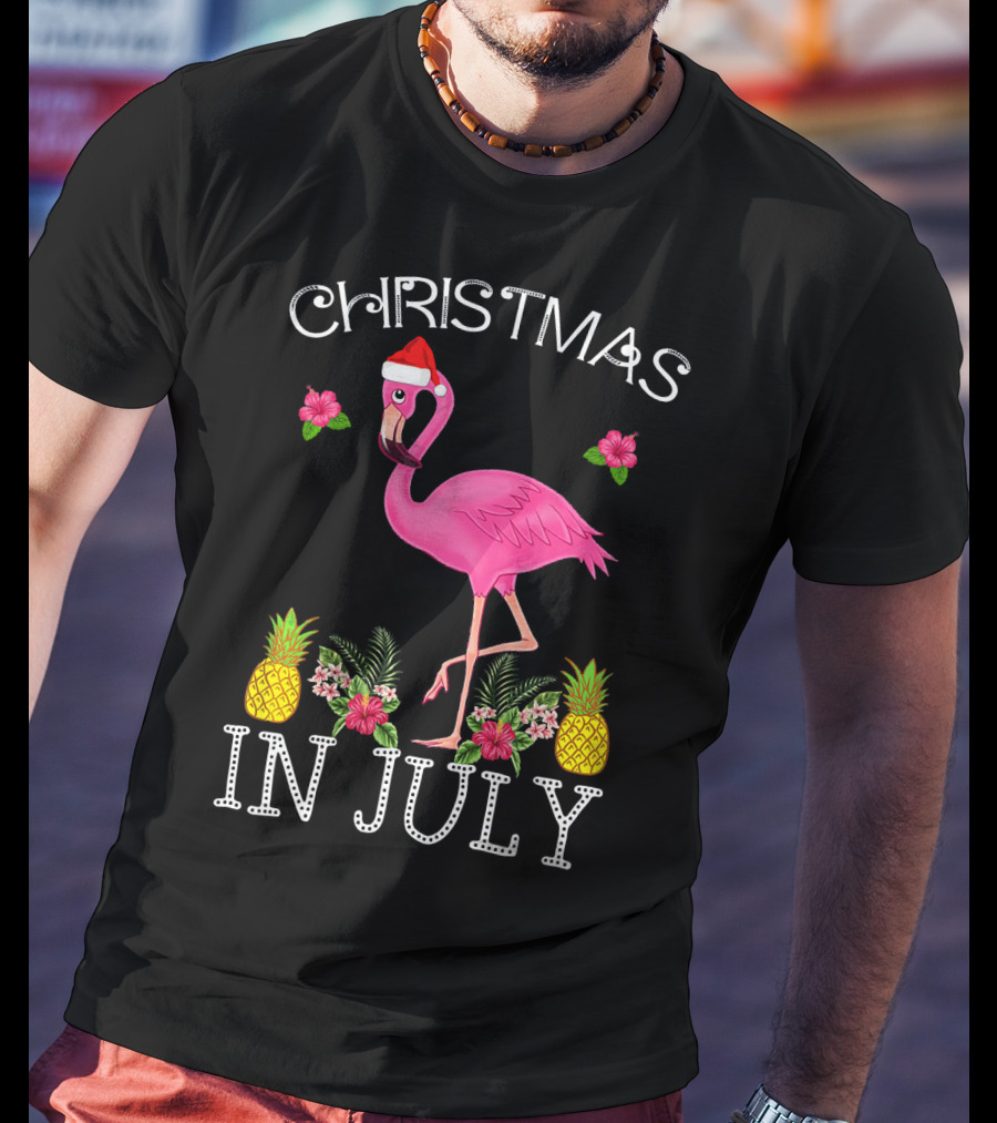 Christmas In July Pink Flamingo Santa Hat Pineapples Floral T-Shirt