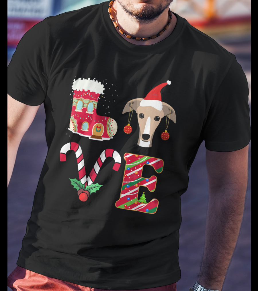 I Love My Greyhound Christmas Love Gingerbread Stocking Santa Hat Candy Cane Ornaments T-Shirt