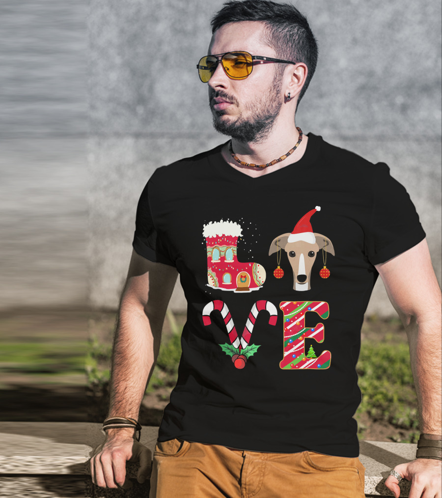 I Love My Greyhound Christmas Love Gingerbread Stocking Santa Hat Candy Cane Ornaments T-Shirt