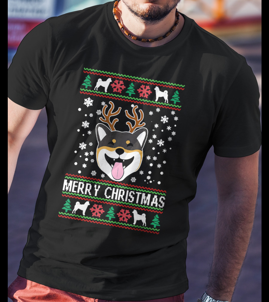 Merry Christmas Shiba Inu Reindeer Antlers Snowflakes Ugly T-Shirt