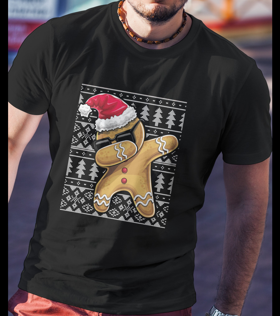 Ugly Christmas Dabbing Gingerbread Cookie Santa Hat T-Shirt