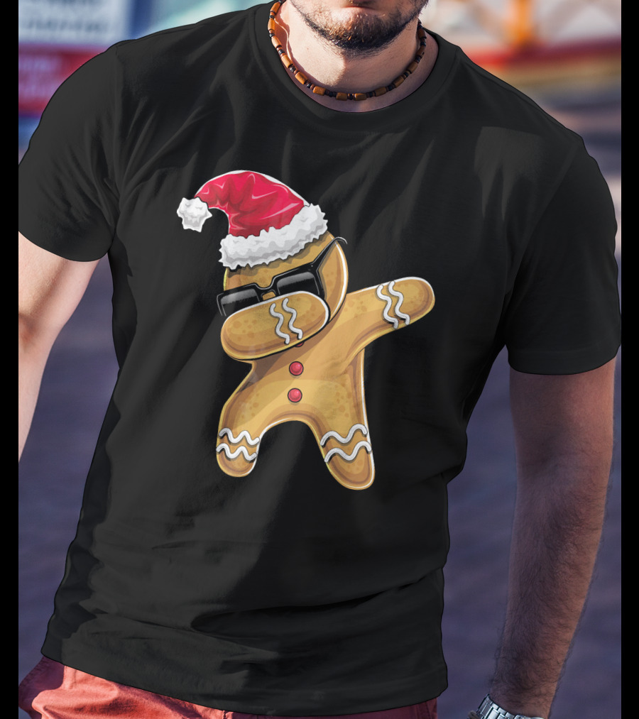Santa Hat Dabbing Gingerbread Man Holiday Baking T-Shirt