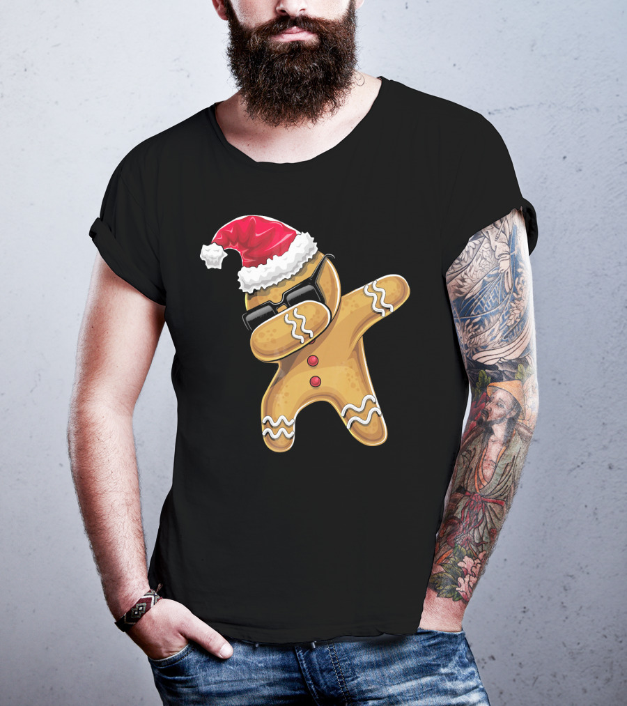 Santa Hat Dabbing Gingerbread Man Holiday Baking T-Shirt