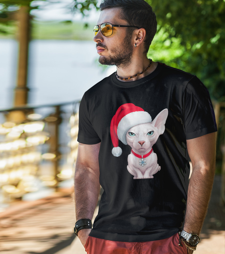 Sphynx Cat Santa Hat Christmas Holiday Festive Pet Charm T-Shirt