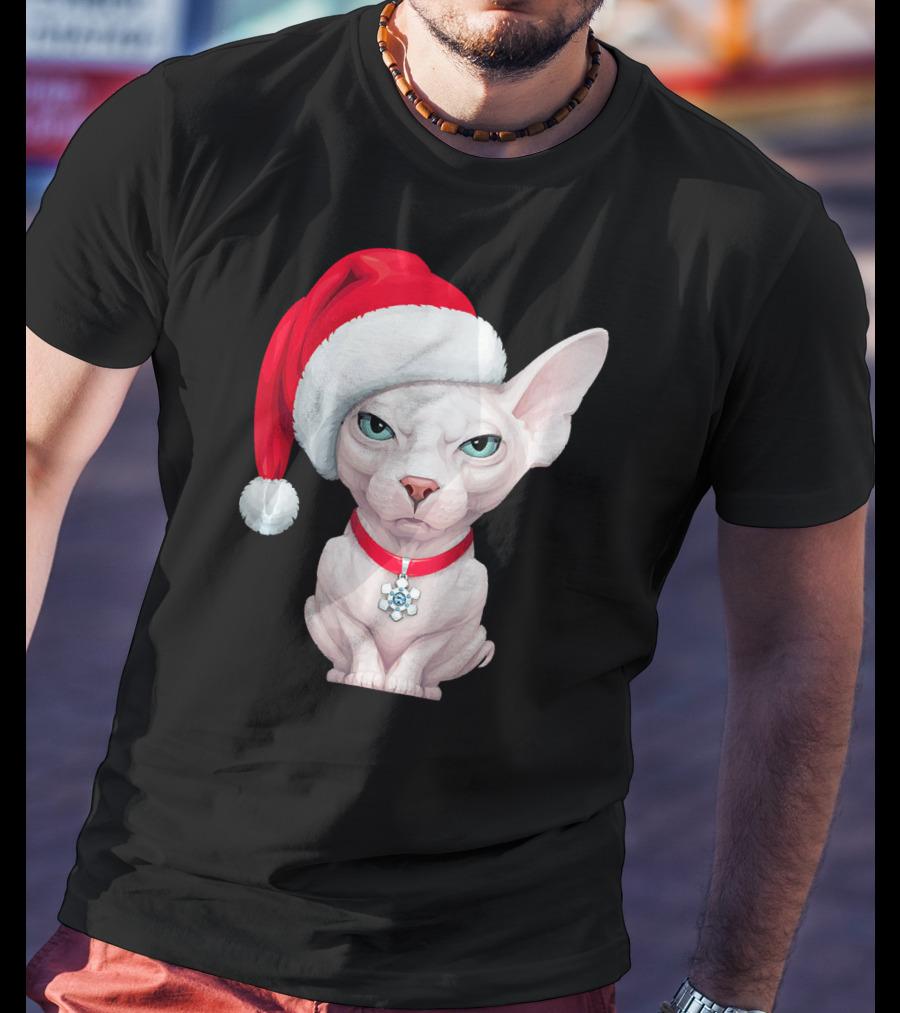 Sphynx Cat Santa Hat Christmas Holiday Festive Pet Charm T-Shirt