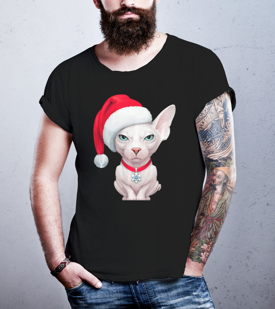 Sphynx Cat Santa Hat Christmas Holiday Festive Pet Charm T-Shirt