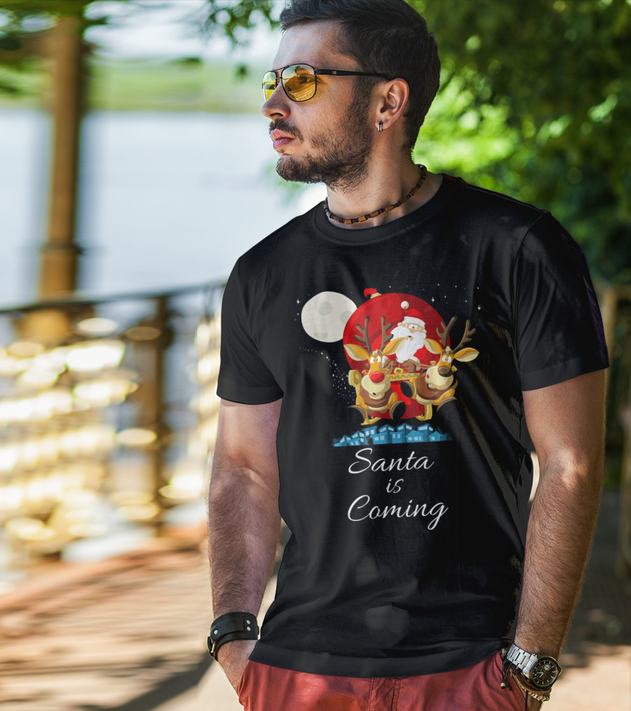 Santa Is Coming With Reindeer Sleigh Under The Moonlight T-Shirt