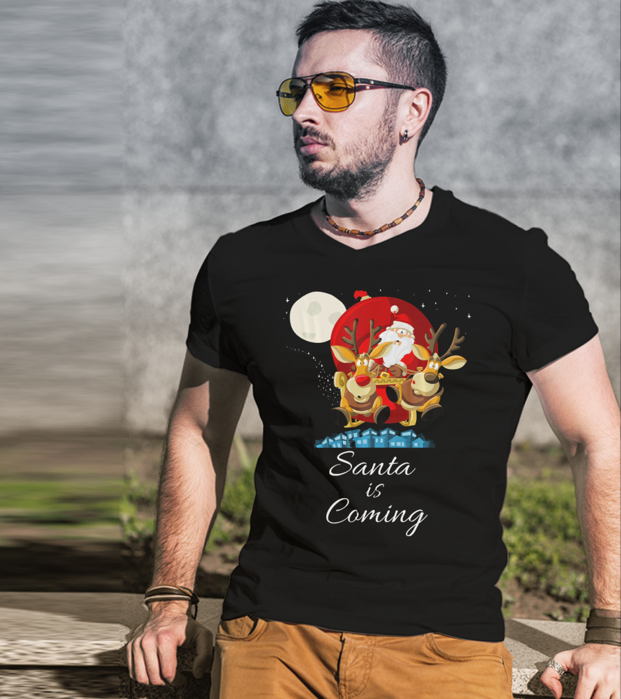 Santa Is Coming With Reindeer Sleigh Under The Moonlight T-Shirt